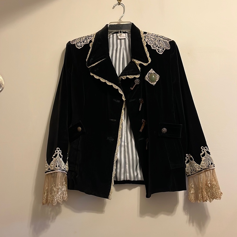 Custom Vintage Antique Lace Black Velvet Jacket